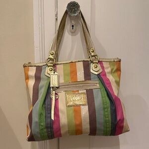 Coach Poppy Multicolor Striped Tote Bag with Gold Accents